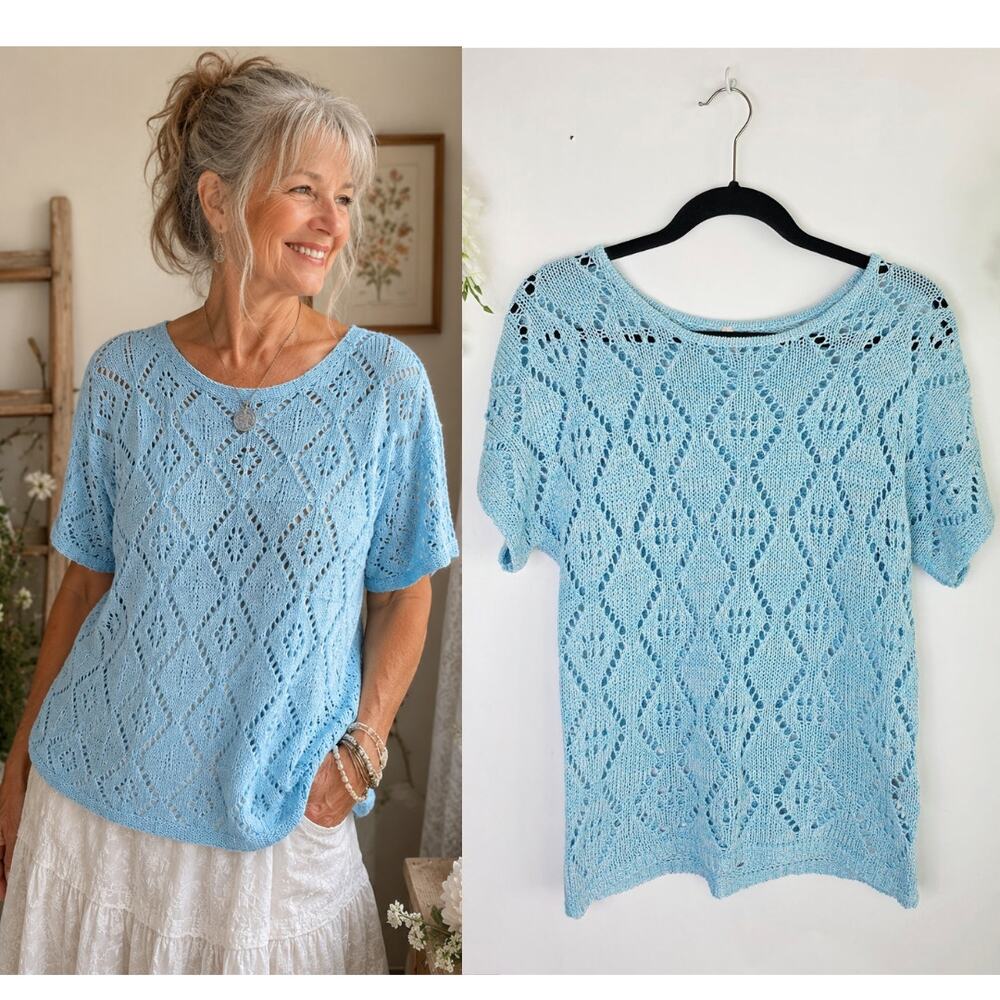 Leo & Nicole Knit Top Size Small Blue Open Knit Boho Cottage Crochet Coastal